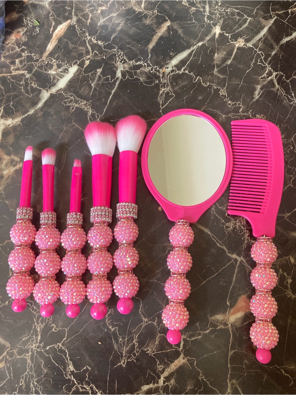 Women Pink Beaded makeup Brushes with Mirror & Comb Grooming Set.